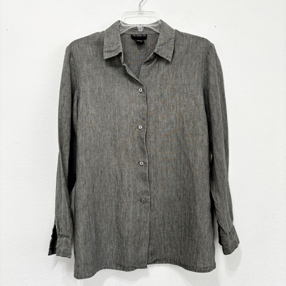 Womens Quiet Luxury Linen Button Up Shirt Small Gray Coastal Minimal Capsule